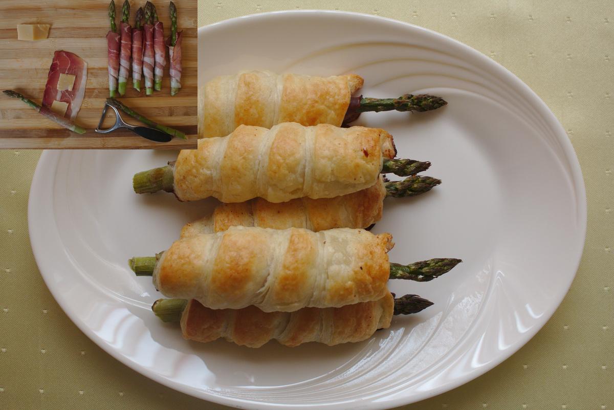 Spárga leveles tésztában, sonkával